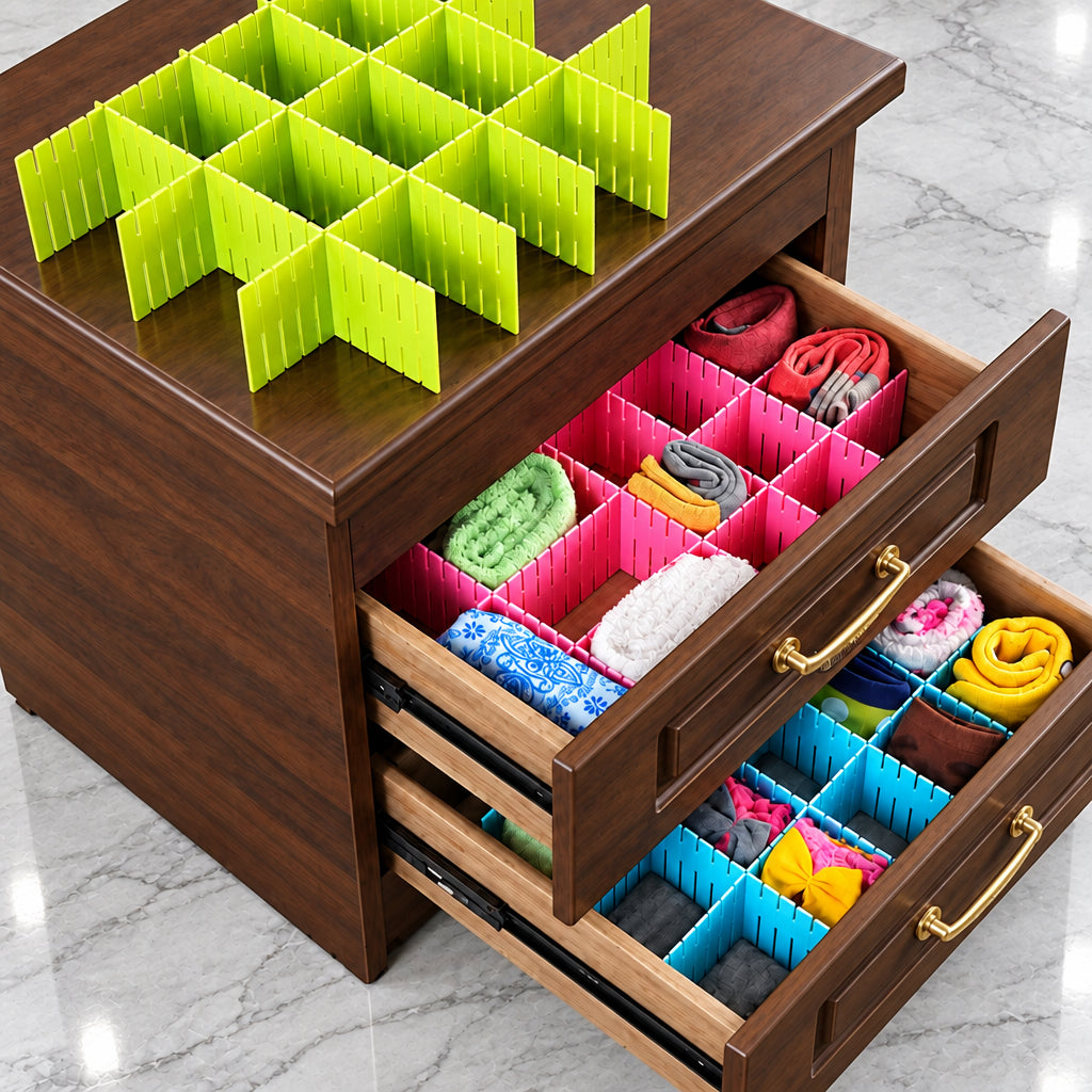 Adjustable plastic drawer dividers organizing clothes in household drawers