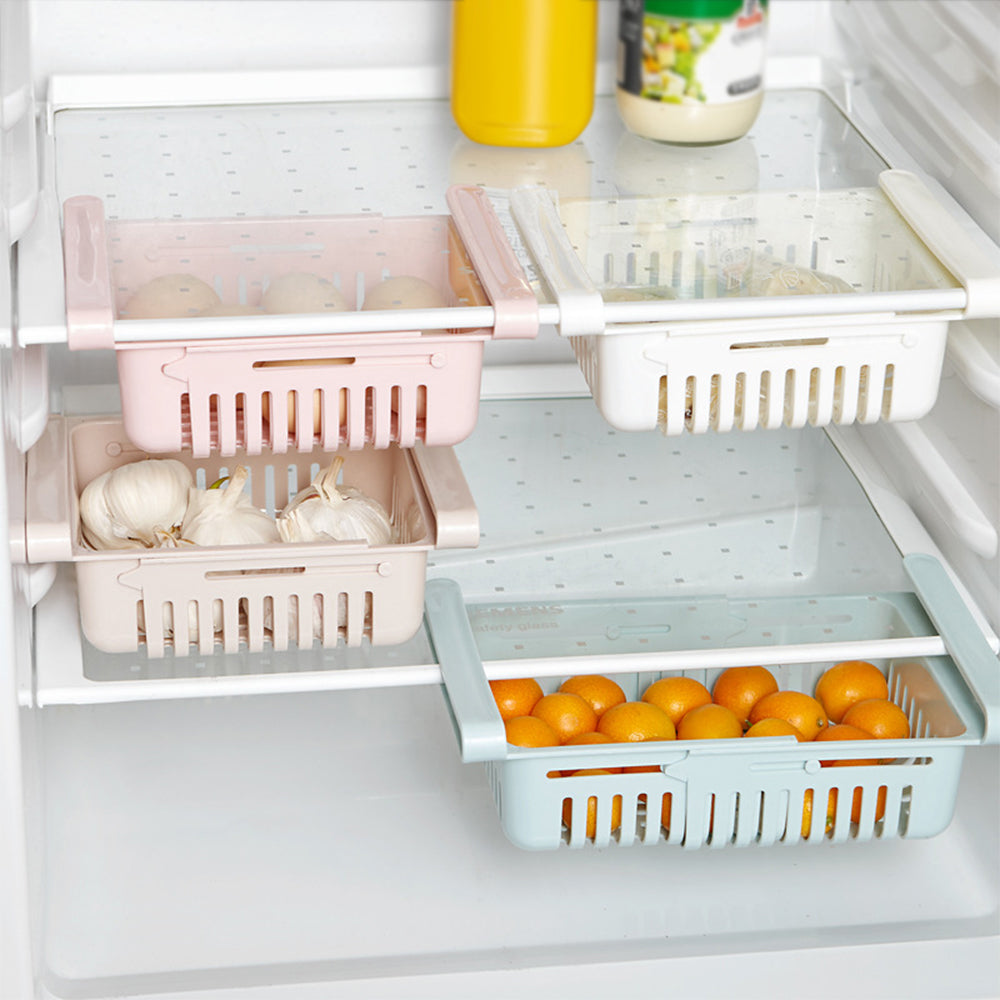 Adjustable hanging fridge basket organizer installed under refrigerator shelves