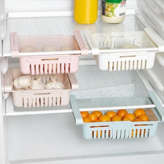 Adjustable hanging fridge basket organizer installed under refrigerator shelves