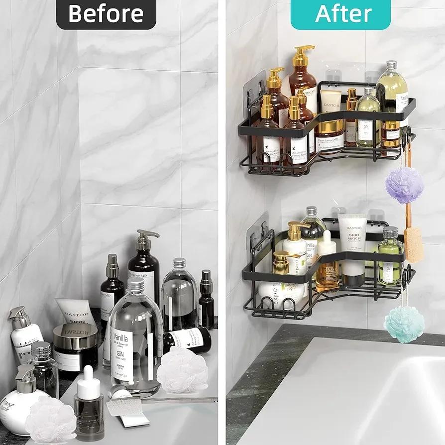Before and after bathroom organization using black corner wall shelves