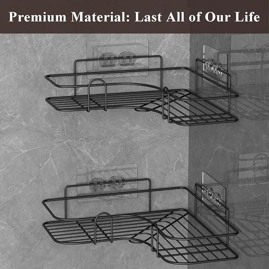 Black stainless steel corner shelf with adhesive no-drill mounting plates