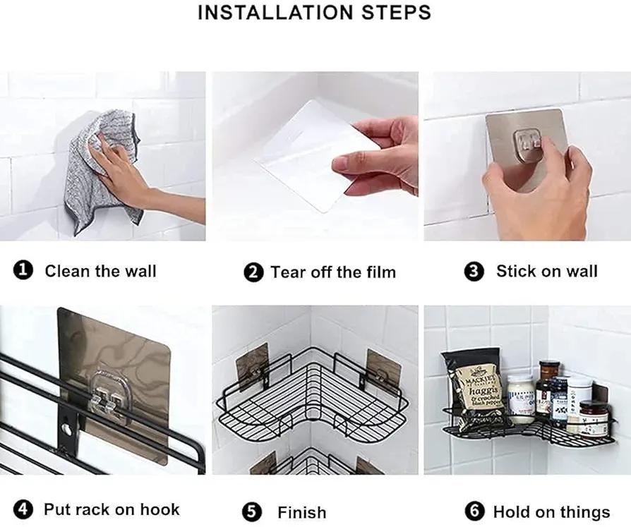 Installation steps for black no-drill corner bathroom shelf using adhesive wall hooks