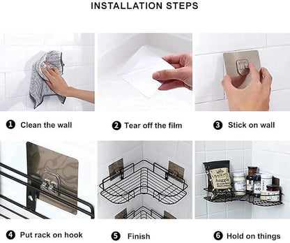Installation steps for black no-drill corner bathroom shelf using adhesive wall hooks