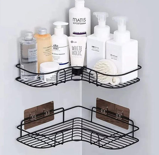 Black stainless steel no-drill corner bathroom shelf holding toiletries