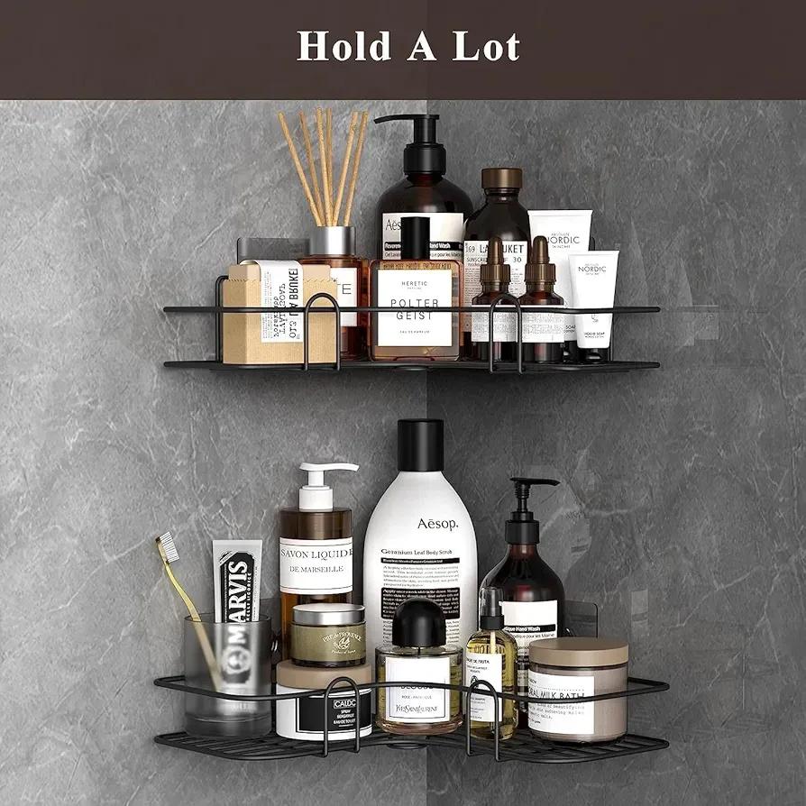 Black corner bathroom shelves holding bottles and toiletries
