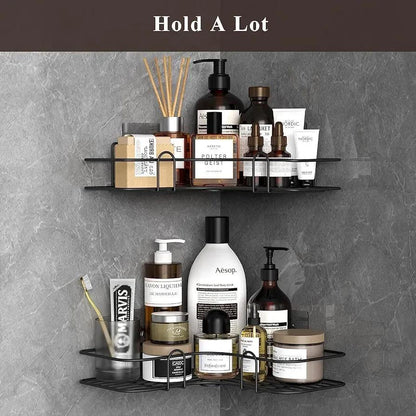 Black corner bathroom shelves holding bottles and toiletries