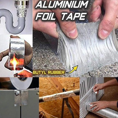 Aluminum foil butyl tape shown for sealing pipes, ducts and metal surfaces