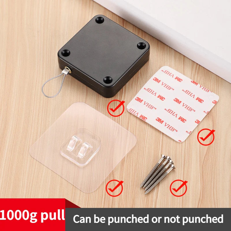 Automatic door closer with adhesive pad, hook mount and screws shown as installation options