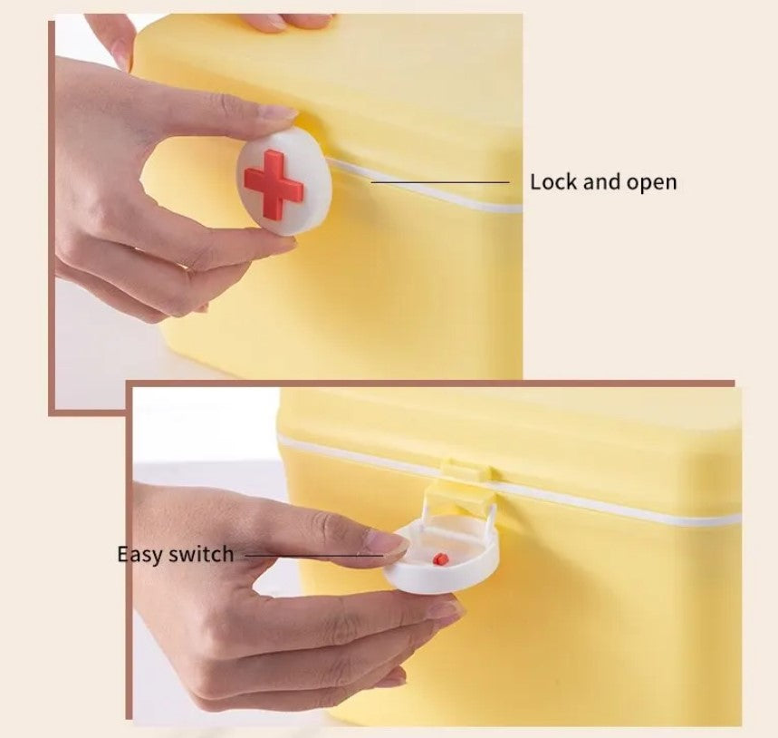 Front lock and open latch mechanism on portable first-aid storage box