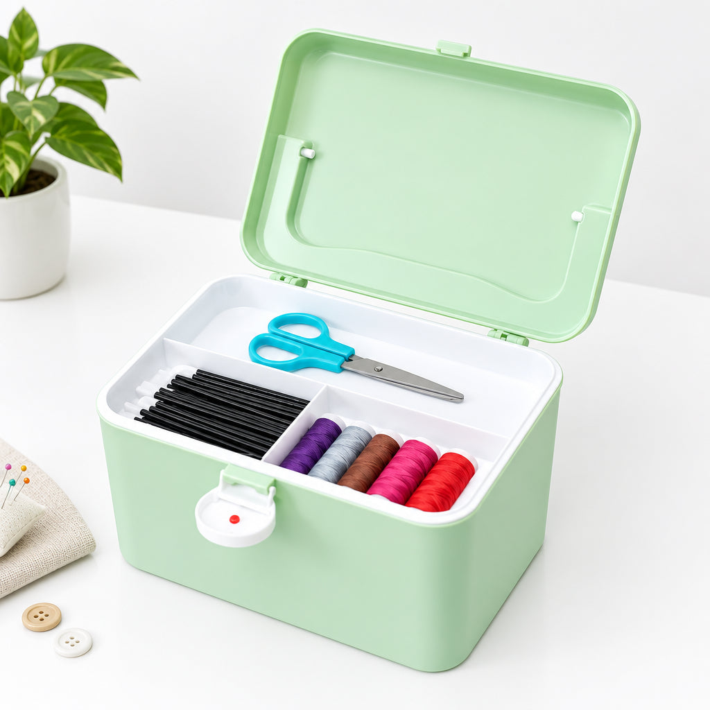 Portable first-aid and medicine storage box open with organizer tray