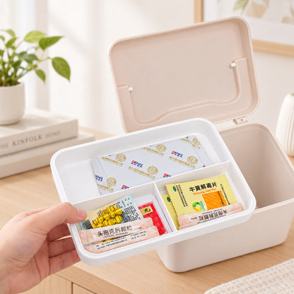 First-aid storage box with removable compartment organizer tray