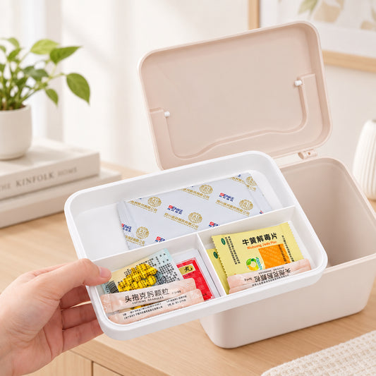 First-aid storage box with removable compartment organizer tray