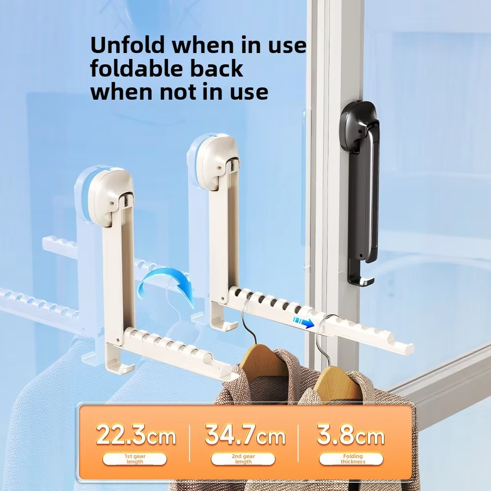 Foldable suction-cup clothes drying rack showing 90-degree fold and two-stage extension dimensions