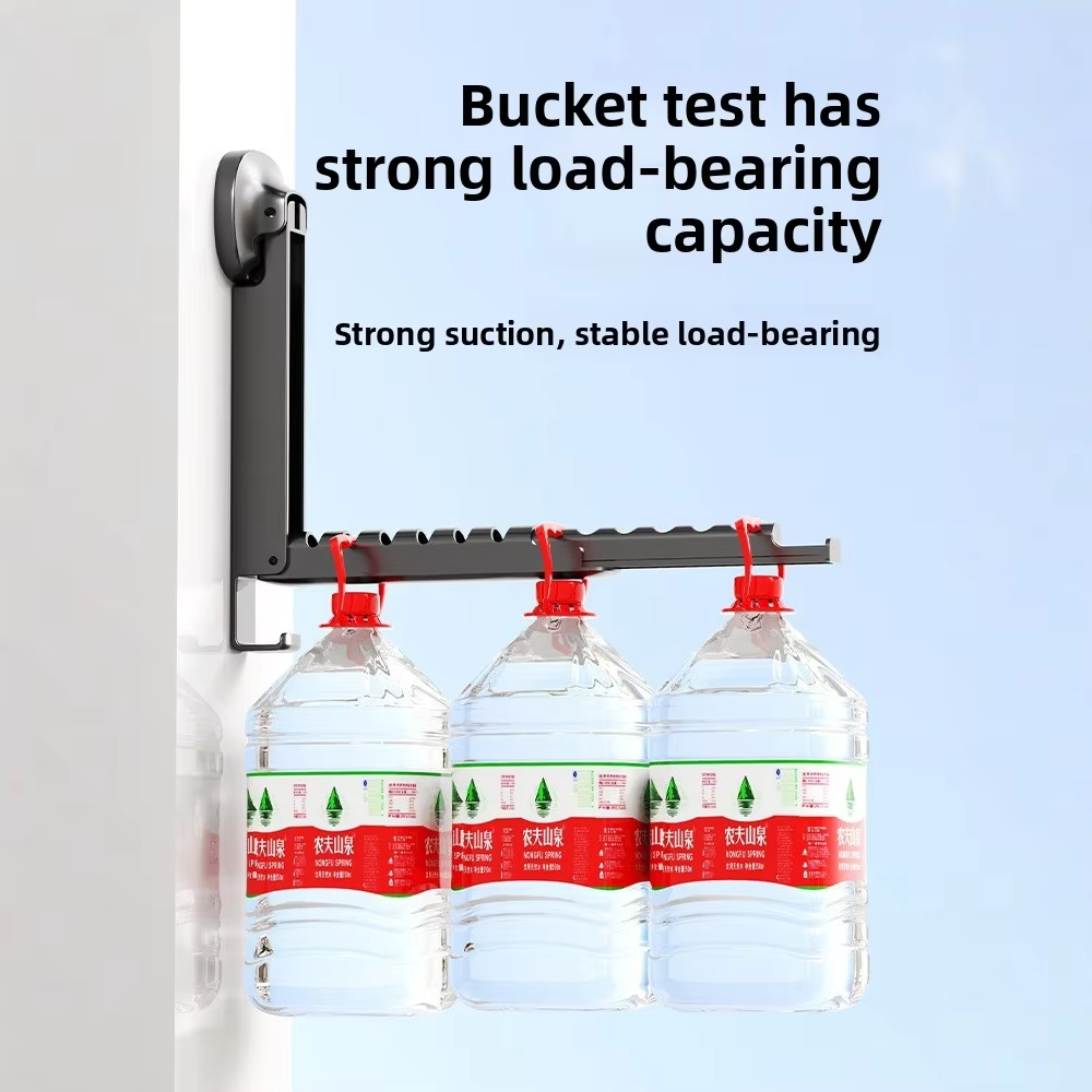 Suction-cup folding clothes drying rack shown with multiple bottles in a load demonstration