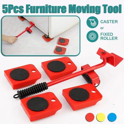 Five-piece furniture moving tool set showing lifting lever and four roller sliders in use