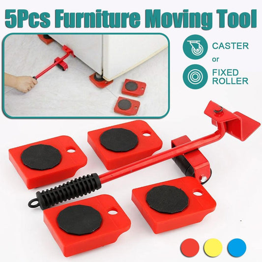 Five-piece furniture moving tool set showing lifting lever and four roller sliders in use