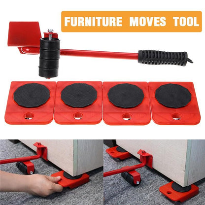 Furniture moving tool set showing lever lifting furniture and roller sliders placed underneath