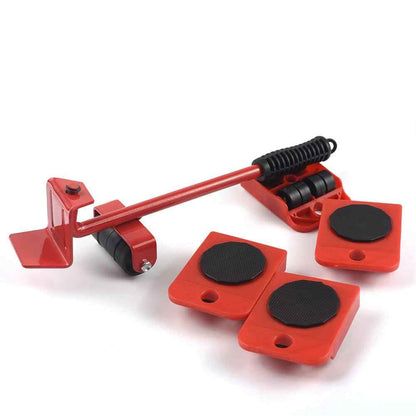 Red furniture moving tool set with lifting lever and four roller sliders