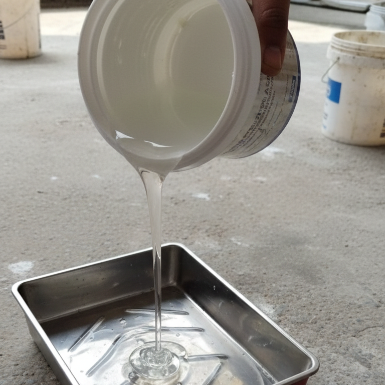 Clear waterproofing sealant liquid being poured from its container