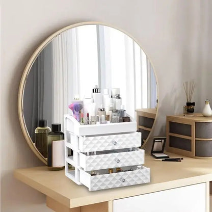 White cosmetic storage organizer placed on a dressing table in front of a mirror