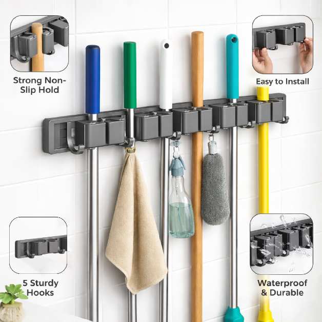 Mop and broom holder showing non-slip grips, hooks, easy installation and waterproof design
