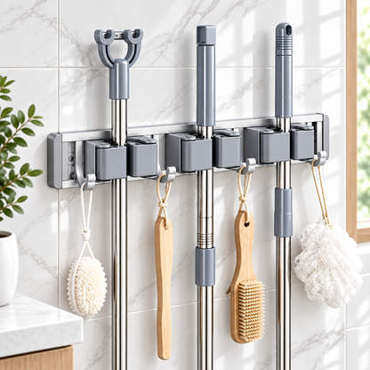 Wall-mounted mop and broom holder organizing cleaning tools and brushes