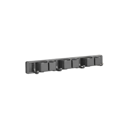 Wall-mounted metal mop and broom holder with grip slots and hooks