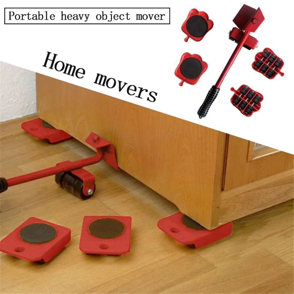 Portable furniture mover with lifting lever and four wheeled sliders positioned under a cabinet