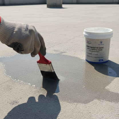 Clear waterproofing sealant being applied to a concrete surface with a brush