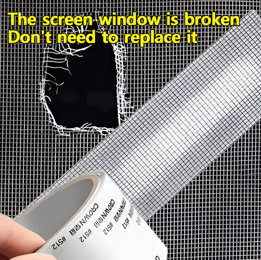 Mesh repair tape positioned over a damaged window screen