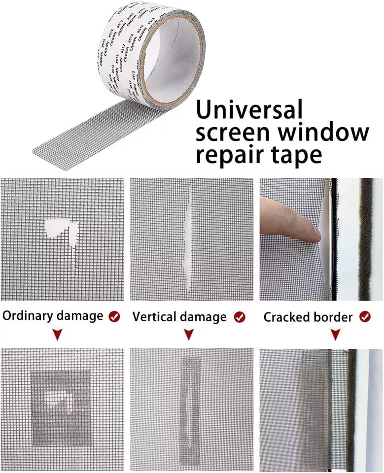 Universal mesh screen repair tape shown over common window screen damage