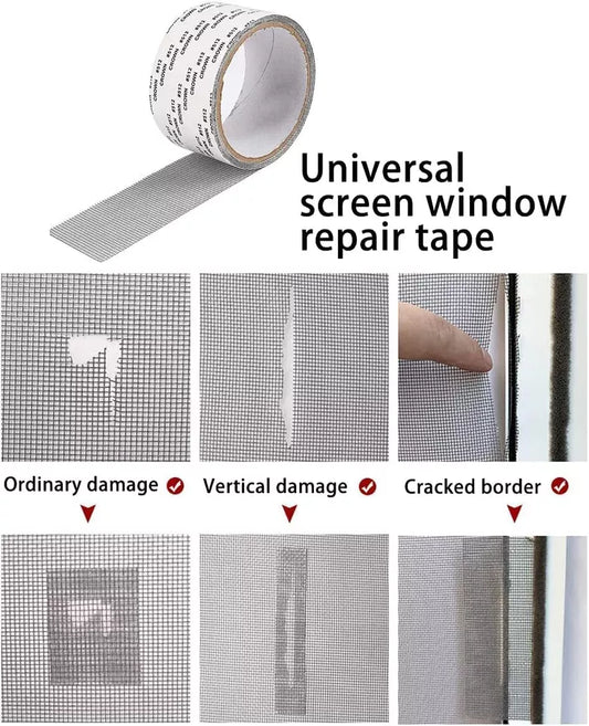 Universal mesh screen repair tape shown over common window screen damage