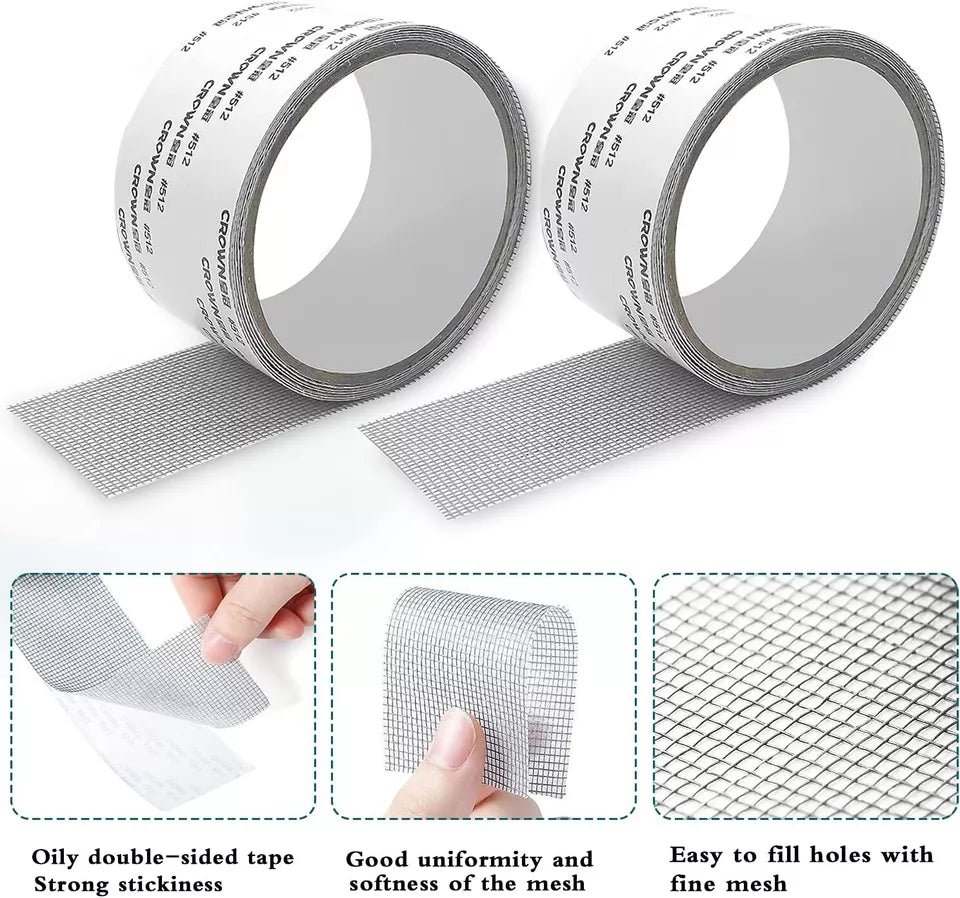 Self-adhesive window screen repair mesh tape with fine mesh detail