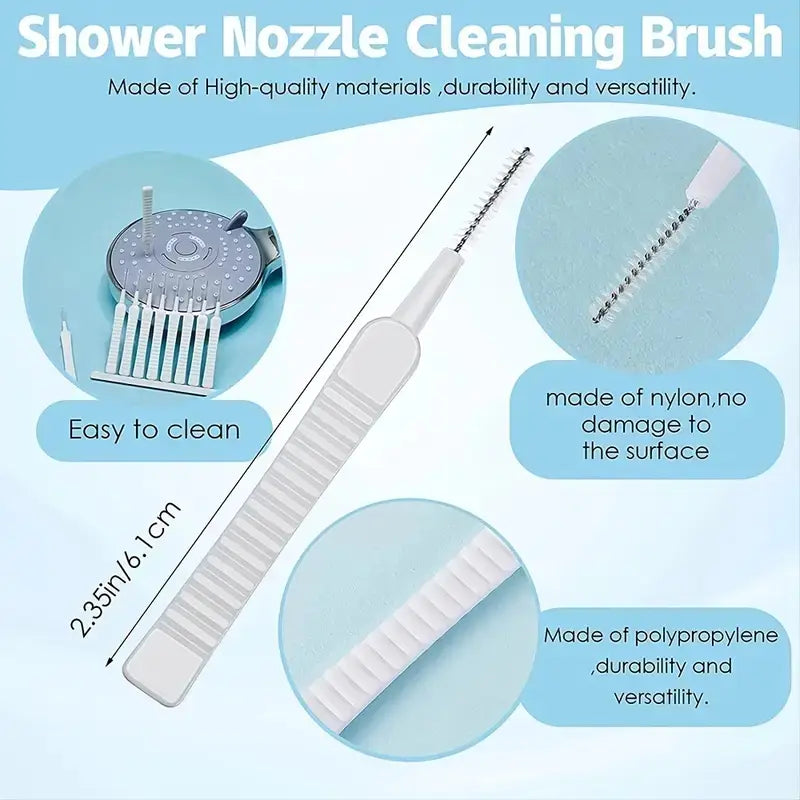 Steps showing how to use the mini shower nozzle cleaning brush