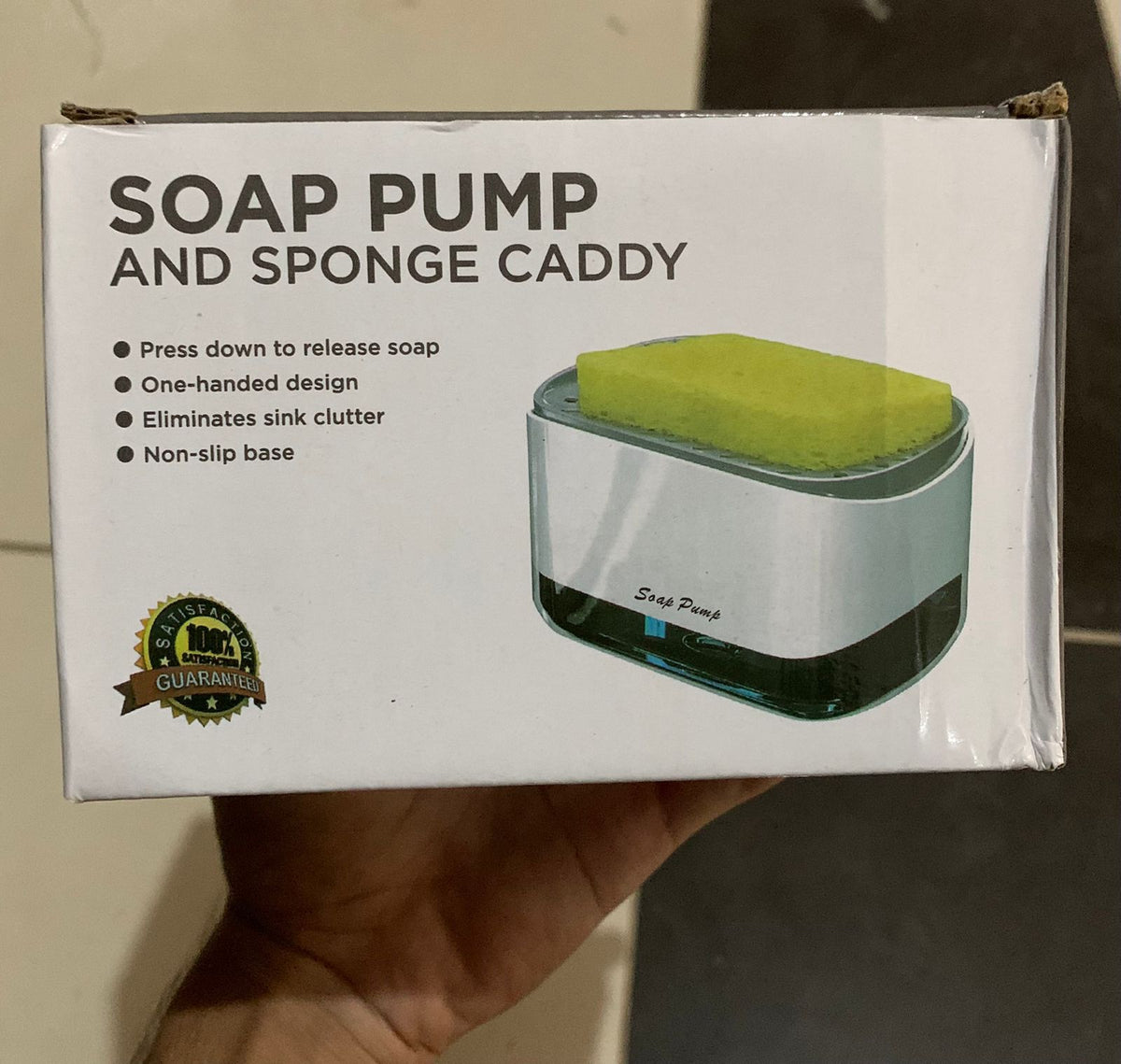 Soap pump and sponge caddy product packaging