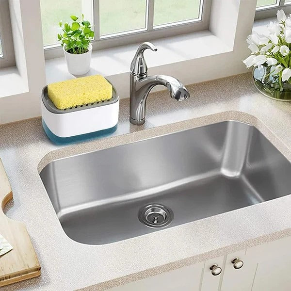 2-in-1 soap dispenser and sponge holder beside a kitchen sink