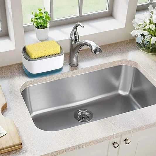 2-in-1 soap dispenser and sponge holder beside a kitchen sink