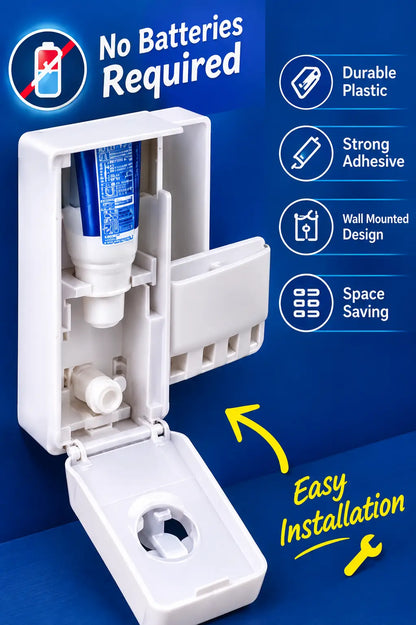 Back view of wall-mounted toothpaste dispenser showing plastic body and adhesive installation