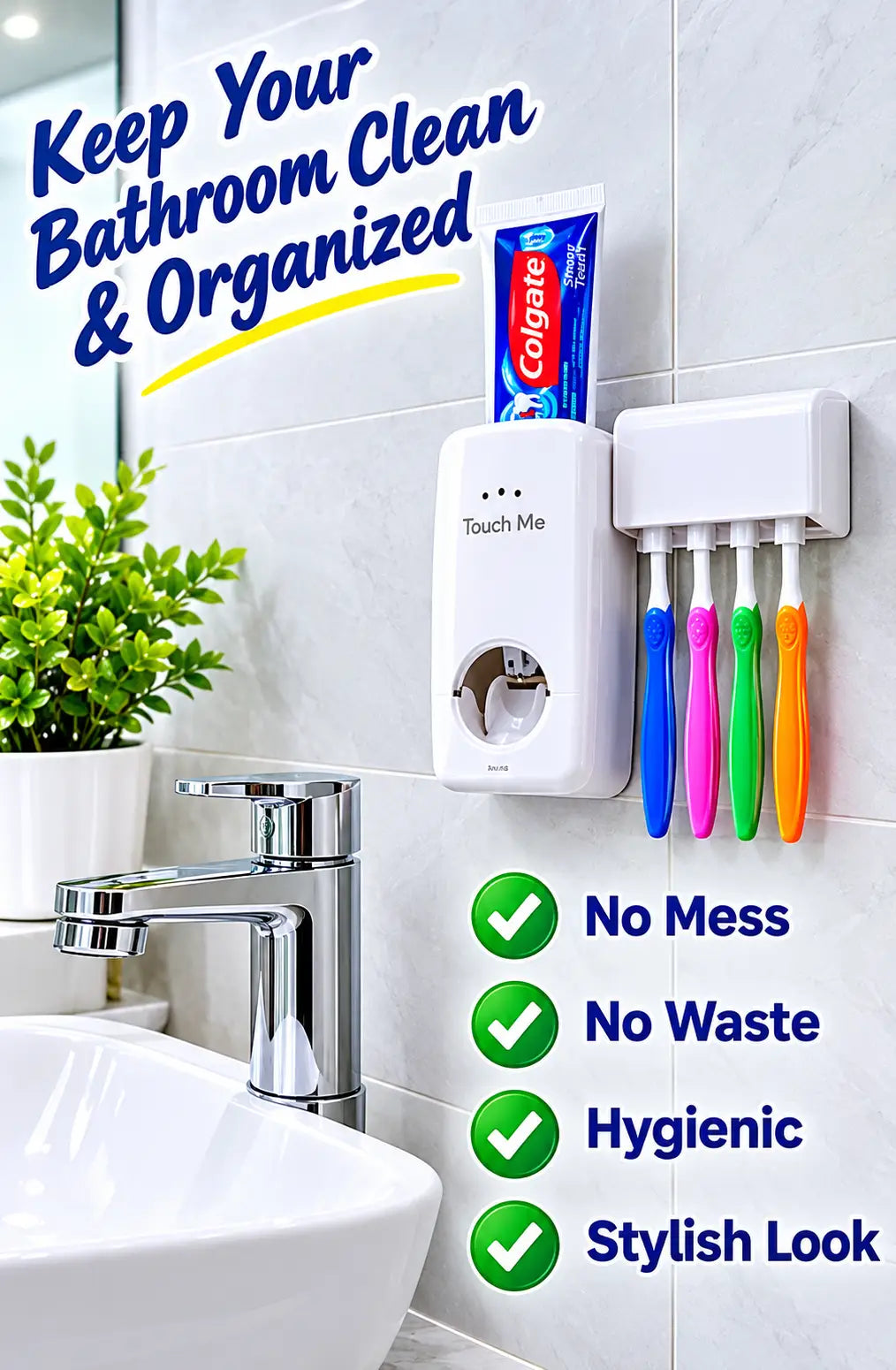Toothpaste dispenser and toothbrush holder mounted beside bathroom sink