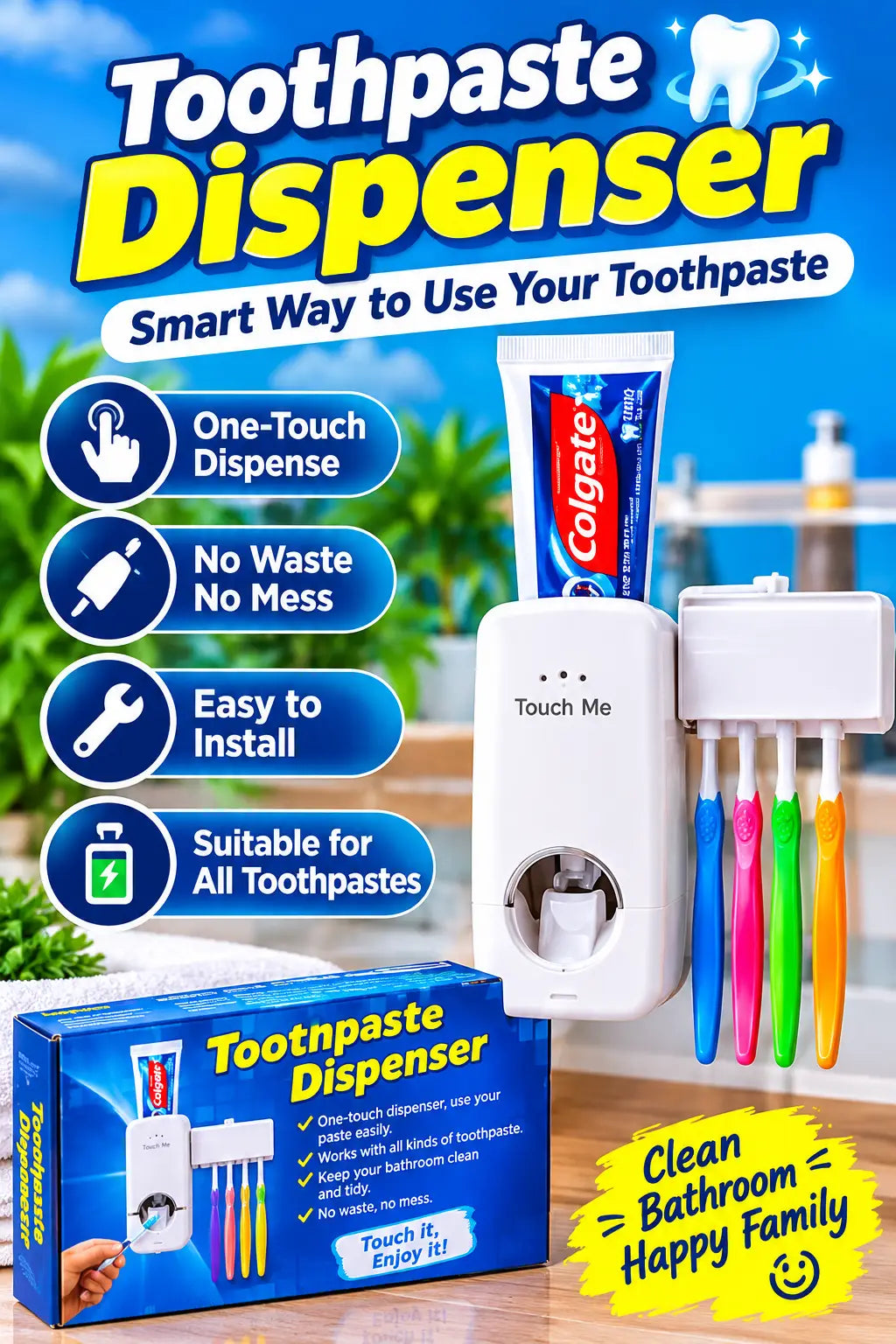 Toothpaste dispenser with toothbrush holder and product features