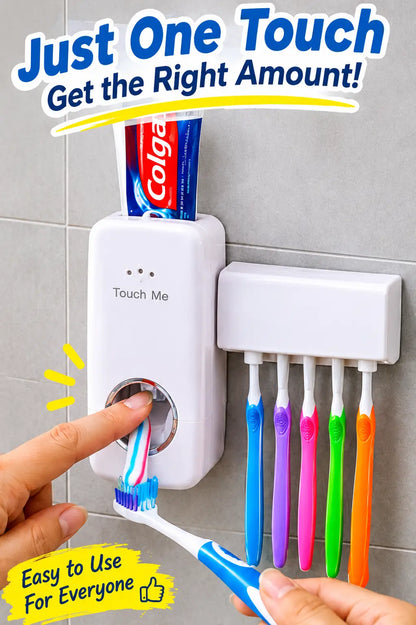 One-touch toothpaste dispenser in use with wall-mounted toothbrush holder