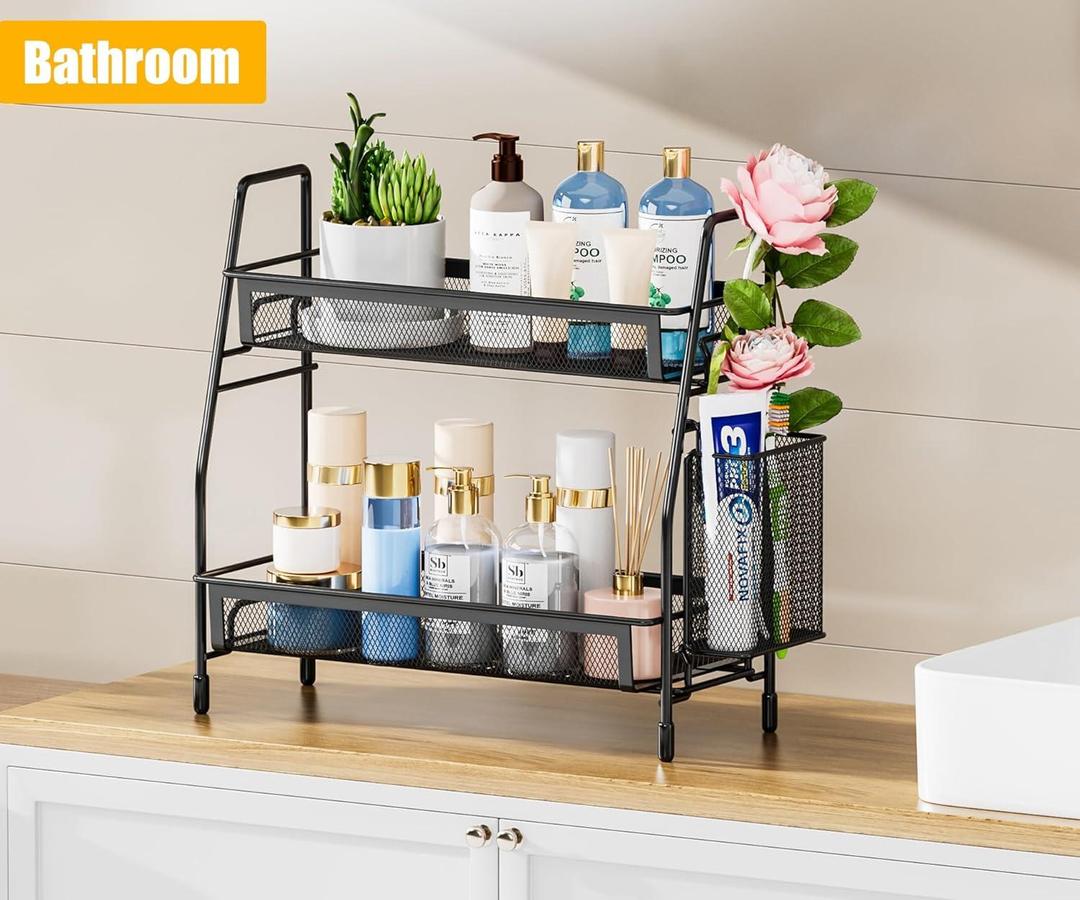 Two-tier bathroom organizer rack on countertop
