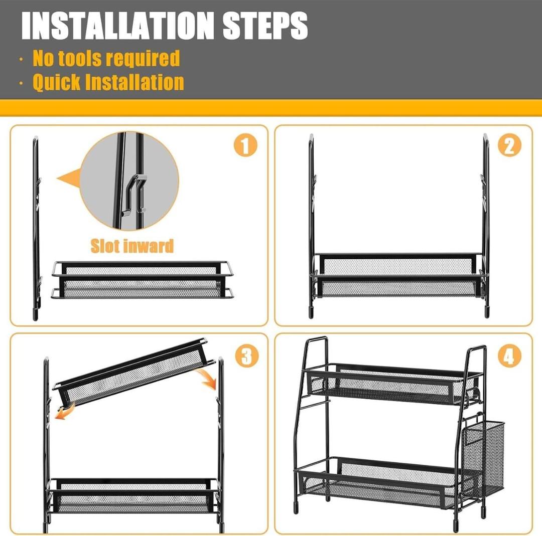 Tool-free installation steps for two-tier organizer rack