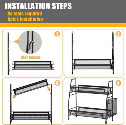 Tool-free installation steps for two-tier organizer rack