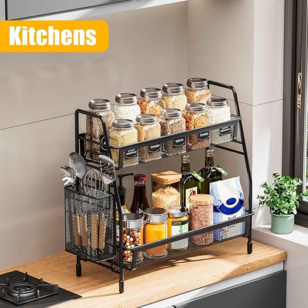 Two-tier organizer rack used for kitchen storage