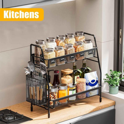Two-tier organizer rack used for kitchen storage