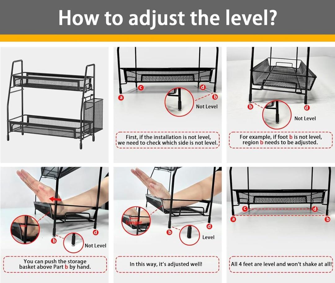 Level adjustment guide for two-tier organizer rack
