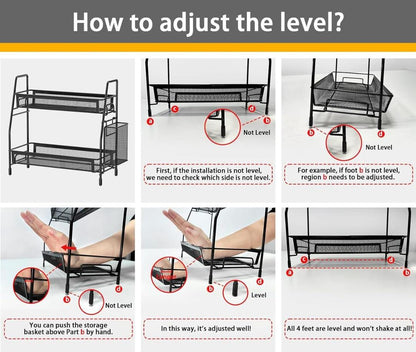 Level adjustment guide for two-tier organizer rack
