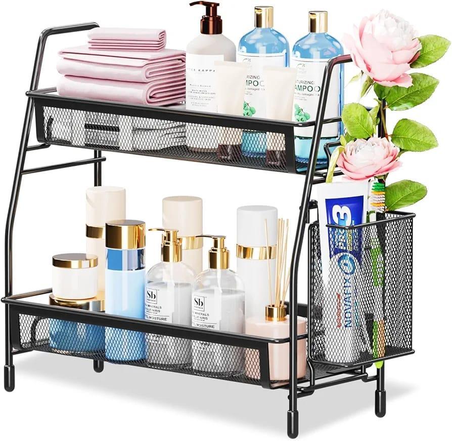 Black two-tier metal bathroom organizer rack