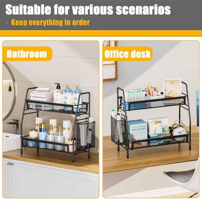 Two-tier organizer rack shown in bathroom and office